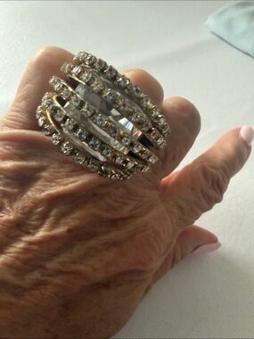 Silver Multi-Row Crystal Dome Ring - Silver